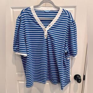 Draper James V-Neck Puff Sleeve Stripe T-Shirt Blouse